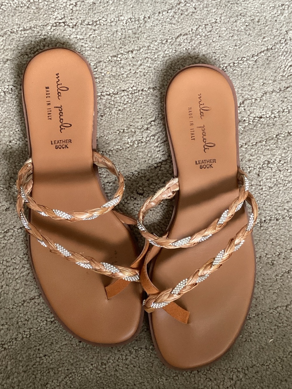 Mila Paoli Tan Braided Leather Slide Sandals with Metallic Accents